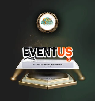 A glass trophy with the text 'EVENTUS AWARD', featuring SA Gaming as the winner of SPiCE South Asia Developer of the Year Award 2025.