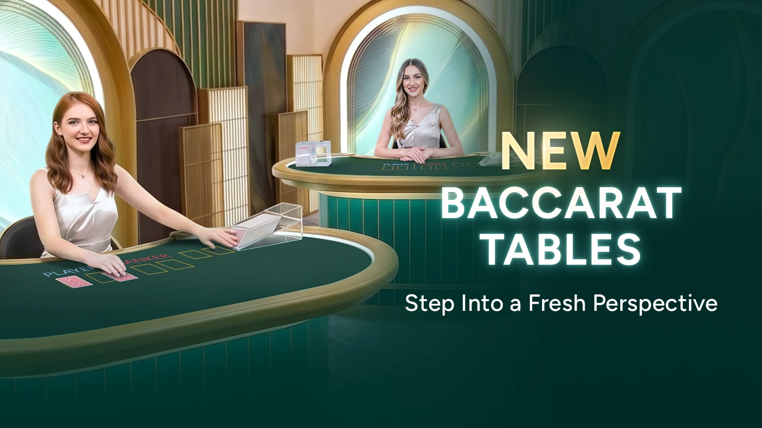 Two live baccarat dealers at green casino tables in a luxury studio, showcasing new live dealer baccarat tables.