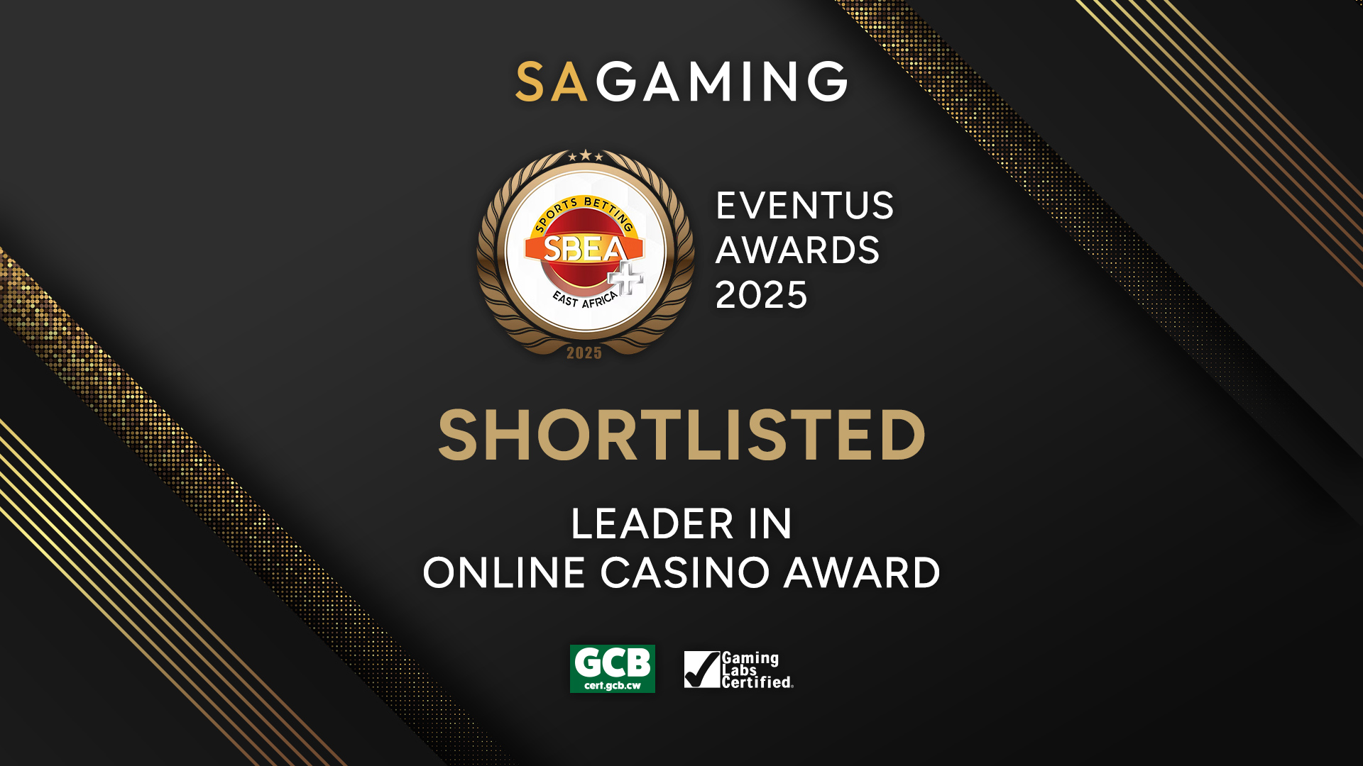 Text showing SA Gaming shortlisted as Leader in Online Casino Award at SBEA+ Awards